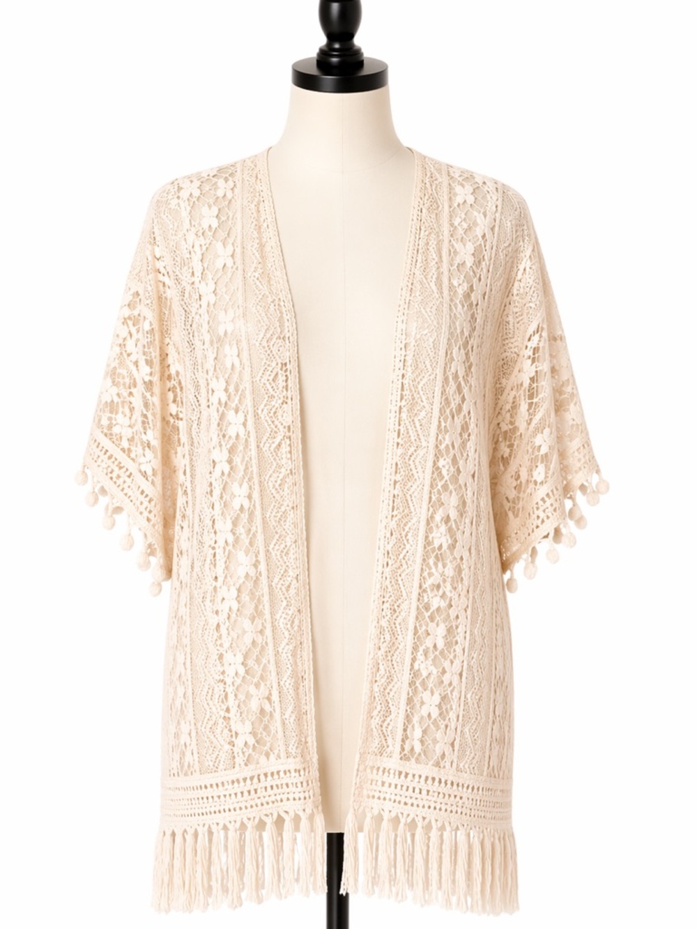 Womens Lace Crochet Open Front Kimono Duster Top S/M Cottagecore Boho Fringe